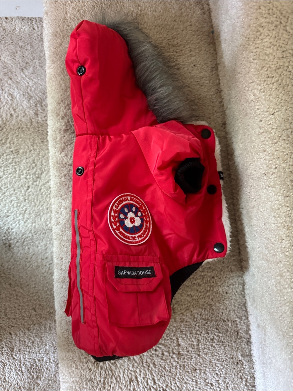 Red fleece lined Coat for small dog with Faux Fur Hood